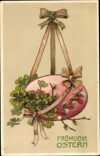 Präge Litho Glückwunsch Ostern, Osterei, Kleeblätter, Weidenkätzchen