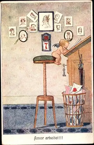 Ak Amor arbeitet, Engel am Schreibtisch, Liebesbriefe