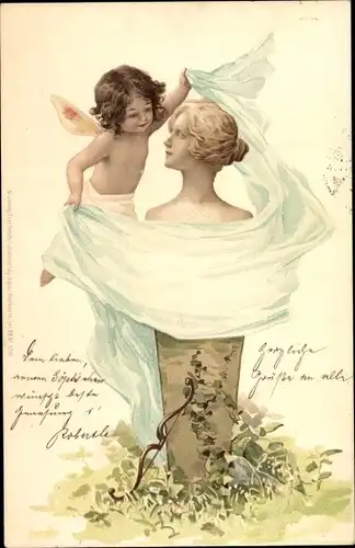 Litho Engel legt Tuch im die Büste einer Frau, Amor