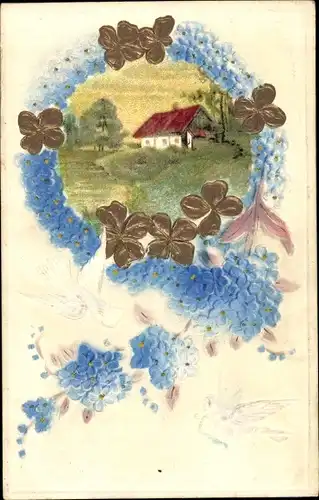 Präge Ak Landschaft mit Haus, Kleeblätter, Vergissmeinnicht, Tauben