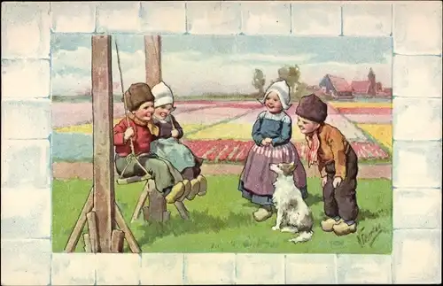 Künstler Ak Feiertag, Karl, Schaukel, niederländische Volkstrachten, Blumenfeld, Hund, BKWI 529 4