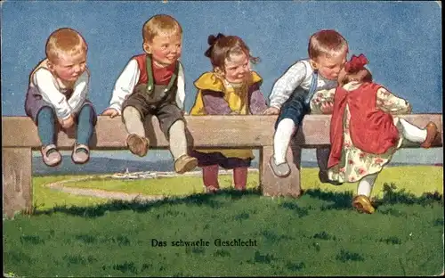 Künstler Ak Feiertag, K., Das schwache Geschlecht, Kinder, Mädchen klettert einen Zaun hoch