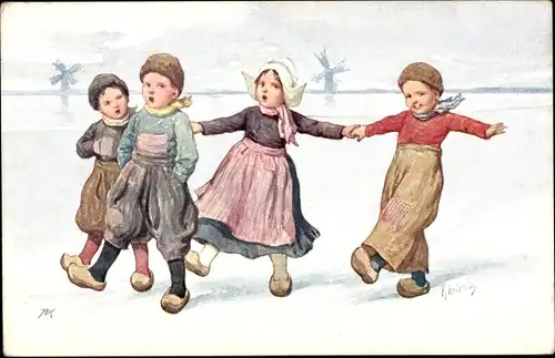 Künstler Ak Feiertag, Karl, Niederländische Trachten, Winter, BKWI 343-4