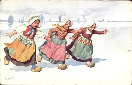 Künstler Ak Feiertag, Karl, Niederländische Trachten, Mädchen, Winter