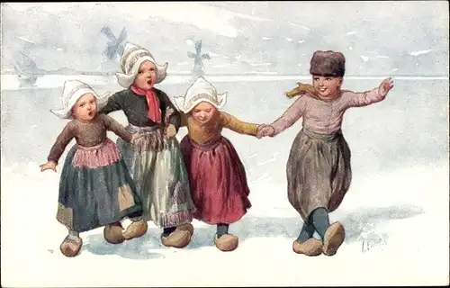 Künstler Ak Feiertag, K., Kinder in niederländischer Tracht, Im Hintergrund Windmühlen, BKWI 343 6