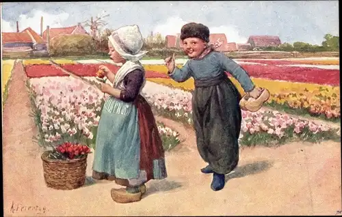 Künstler Ak Feiertag, Karl, Niederländische Volkstrachten, Blumenbeete