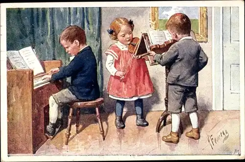Künstler Ak Feiertag, Karl, Kinder musizieren, Klavier, Geige