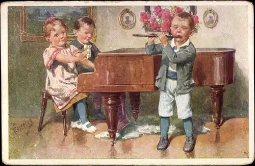 Künstler Ak Feiertag, Karl, Kinder musizieren, Klavier, Flöte
