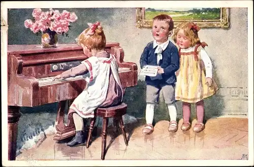 Künstler Ak Feiertag, Karl, Kinder musizieren, Klavier, Blumenstrauß