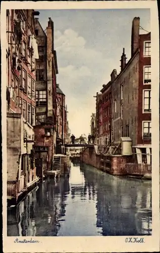 Ak Amsterdam Nordholland Niederlande, Häuser am Kanal, Brücke