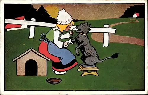 Ak Mädchen verbindet die Pfote von einem Hund