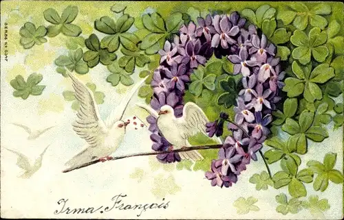 Präge Ak Hufeisen, Kleeblätter, Tauben