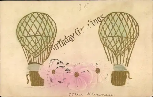 Präge Ak Glückwunsch Geburtstag, Blumen und Heißluftballons
