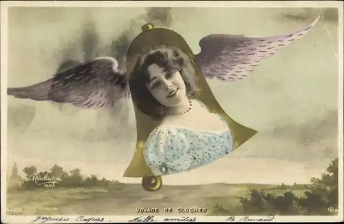 Ak Voyage de Cloches, Frauenportrait in einer geflügelten Glocke