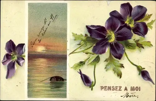 Präge Litho Pensez a moi, lila Blüten, Fass treibt auf dem Meer