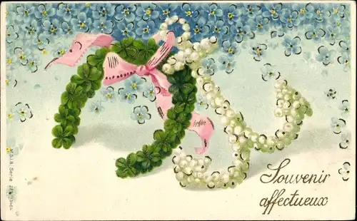 Präge Litho Souvenir affectueux, Hufeisen, Kleeblätter, Anker, Vergissmeinnicht