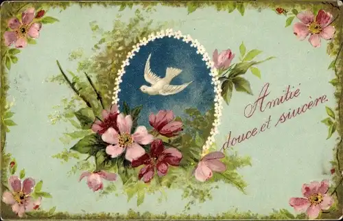 Präge Ak Amitie douce et sincere, Heckenrosen, Taube