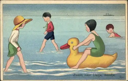 Künstler Ak Zwem naar Liesje, Mädchen im Badeanzug auf einer Ente