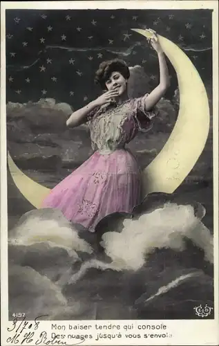 Ak Mon baiser tendre qui console, Frau auf einer Mondsichel