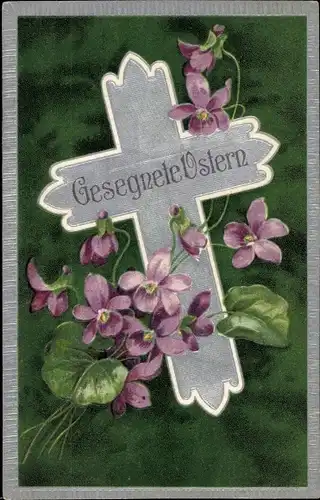 Präge Ak Glückwunsch Ostern, Kreuz, Veilchen