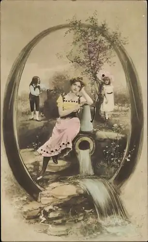 Buchstaben Ak Q, Frau mit Wasserkrug an einer Quelle