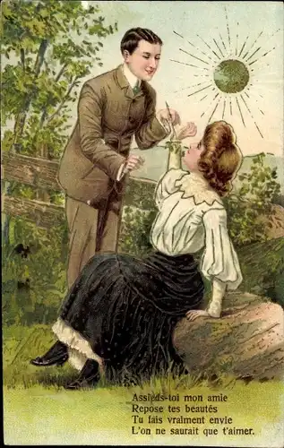 Präge Litho Assieds toi mon amie, Liebespaar, Sonnenschein