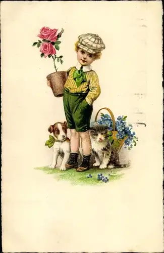 Ak Junge mit Blumen, Katze, Hund