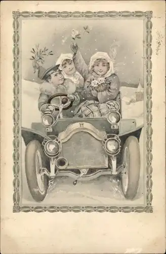 Ak Kinder in einem Automobil im Winter