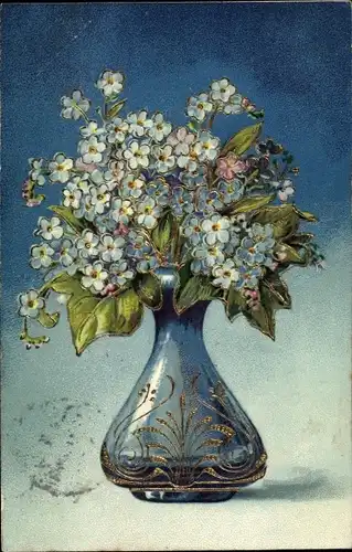 Präge Litho Blumenvase mit Vergissmeinnicht