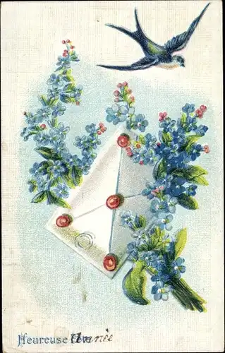 Präge Ak Glückwunsch Neujahr, Vergissmeinnicht, Brief, Schwalbe
