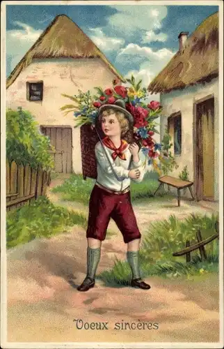 Ak Voeux sinceres, Junge mit Blumen in der Rückentrage