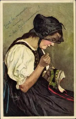 Künstler Ak Liebich, C., Frau beim Nähen, Gütermann's Nähseide, Reklame