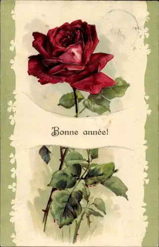 Präge Litho Glückwunsch Neujahr, Rote Rosenblüte