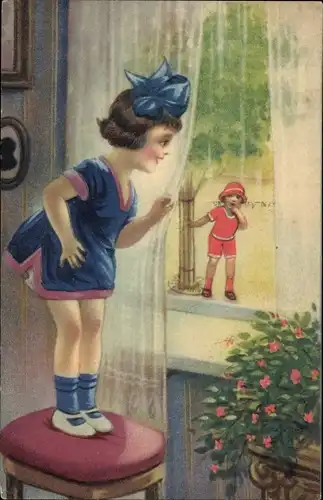 Ak Mädchen am Fenster, Junge auf Straße, Blumen, Kitsch