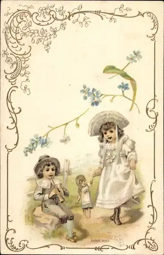 Litho Junge spielt Flöte, Mädchen mit Puppe