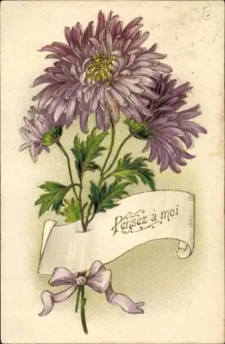 Präge Litho Pensez a moi, lila Blüten, Dahlien