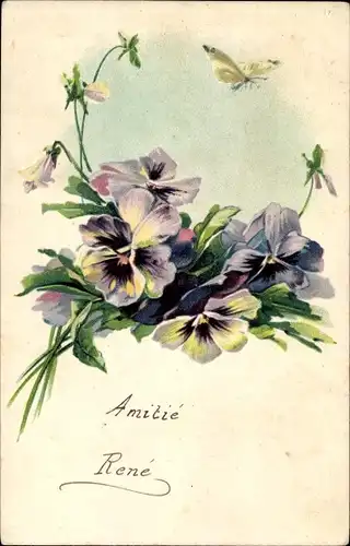 Präge Ak Stiefmütterchen und Schmetterling