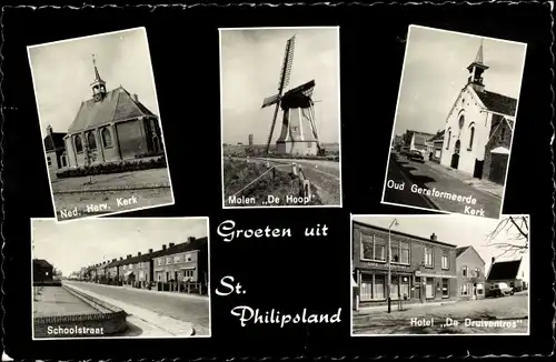 Ak Sint Philipsland Zeeland, Ned. Herv. Kerk, Molen De Hoop, Oud Gersformeerde Kerk, Schoolstraat