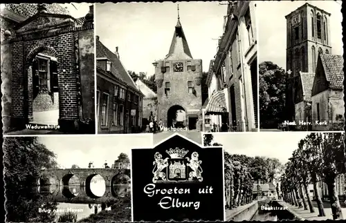 Ak Elburg Gelderland, Weduweholje, Vischpoort, Ned. Herv. Kerk, Brug naar Haven, Beekstraat