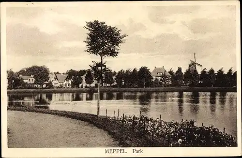 Ak Meppel Drenthe Niederlande, Parkpartie, Windmühle