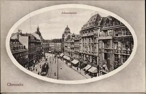 Passepartout Ak Chemnitz in Sachsen, Blick auf den Johannisplatz, Straßenbahn