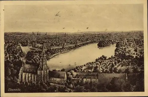Ak Chemnitz in Sachsen, Panorama, Schlossteich, Kirche