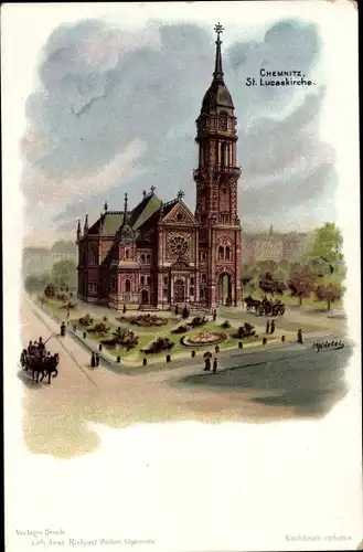 Litho Chemnitz in Sachsen, St. Lucaskirche, Außenansicht, Kutsche