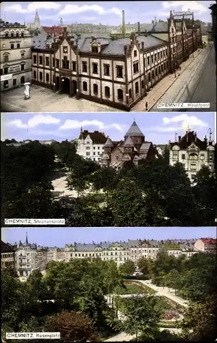 Ak Chemnitz Sachsen, Ansichten von Hauptpost, Stephansplatz und Rosenplatt, Synagoge