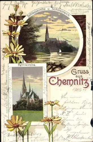 Ak Chemnitz in Sachsen, Petrikirche, Schlosskirche und Schlossteich
