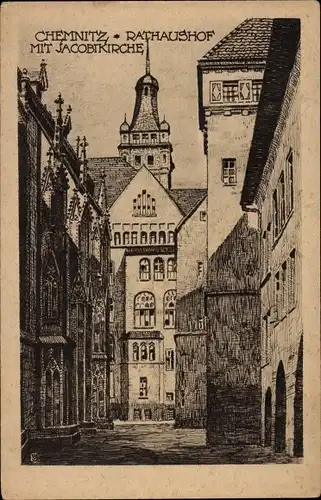 Künstler Ak Chemnitz in Sachsen, Rathaushof, Jacobikirche