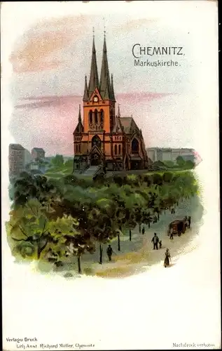 Litho Chemnitz Sachsen, Markuskirche, Passanten
