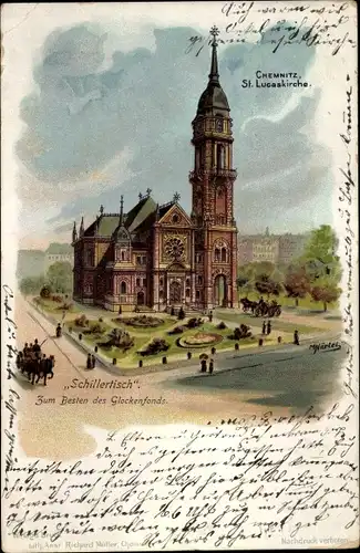 Litho Chemnitz Sachsen, St. Lucaskirche, Außenansicht, Schillertisch, Kutsche