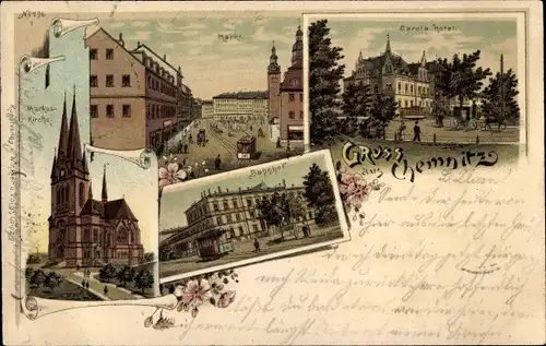 Litho Chemnitz Sachsen, Carola Hotel, Markt, Markuskirche, Bahnhof