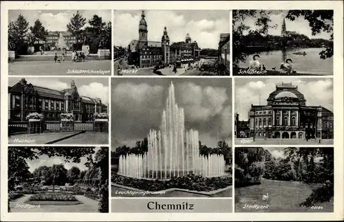 Ak Chemnitz in Sachsen, Schlossteich, Markt, Stadtpark, Oper, Museum, Leuchtspringbrunnen